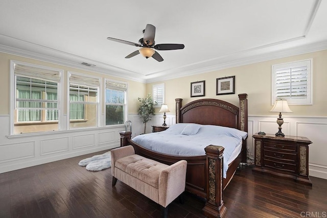 2831 Shenandoah Dr, Chula Vista, CA 91914 - bedroom featuring a decorative wall, wood-type flooring, crown molding, a wainscoted wall, and ceiling fan