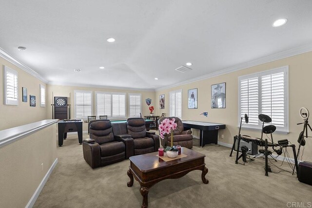2831 Shenandoah Dr, Chula Vista, CA 91914 - living room featuring light carpet, crown molding, baseboards, and recessed lighting