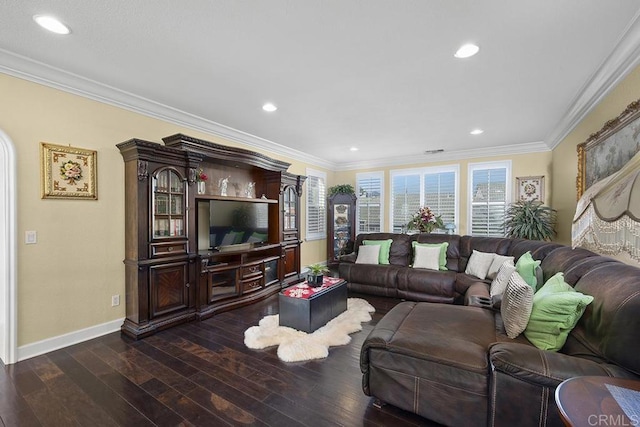 2831 Shenandoah Dr, Chula Vista, CA 91914 - living room featuring baseboards, dark wood-type flooring, crown molding, and recessed lighting