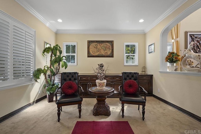 2831 Shenandoah Dr, Chula Vista, CA 91914 - living area with light carpet, baseboards, ornamental molding, and recessed lighting