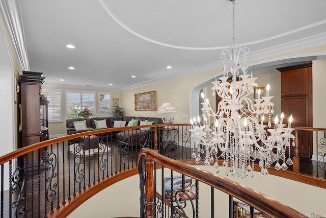 2831 Shenandoah Dr, Chula Vista, CA 91914 - hallway featuring an upstairs landing, a chandelier, crown molding, and recessed lighting