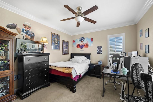 2831 Shenandoah Dr, Chula Vista, CA 91914 - bedroom with ornamental molding, light colored carpet, and ceiling fan