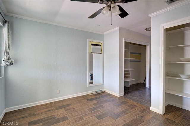 8920 Arcade Rd, Atascadero, CA 93422 - unfurnished bedroom with wood tiled floors, crown molding, a wall unit AC, and a ceiling fan