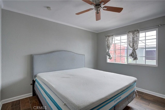 8920 Arcade Rd, Atascadero, CA 93422 - bedroom with ornamental molding, wood finished floors, and a ceiling fan