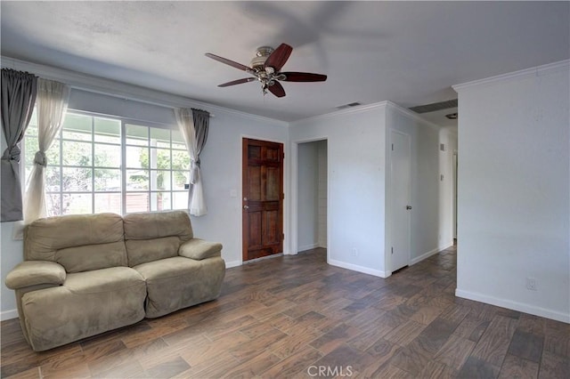 8920 Arcade Rd, Atascadero, CA 93422 - living room featuring wood finished floors, a ceiling fan, and ornamental molding