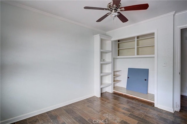 8920 Arcade Rd, Atascadero, CA 93422 - unfurnished bedroom with dark wood finished floors, ornamental molding, and ceiling fan