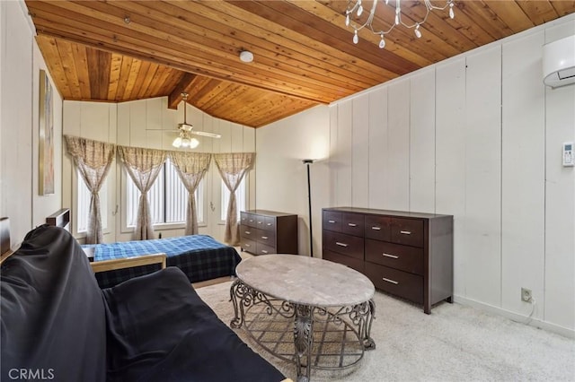 bedroom with an AC wall unit, vaulted ceiling with beams, wooden ceiling, and light colored carpet