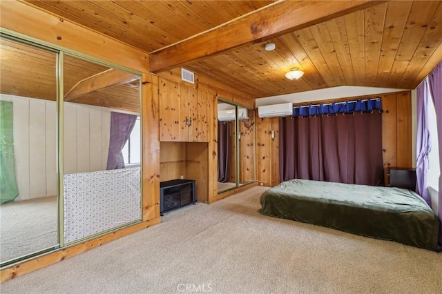 bedroom featuring an AC wall unit, wooden walls, wood ceiling, carpet floors, and visible vents