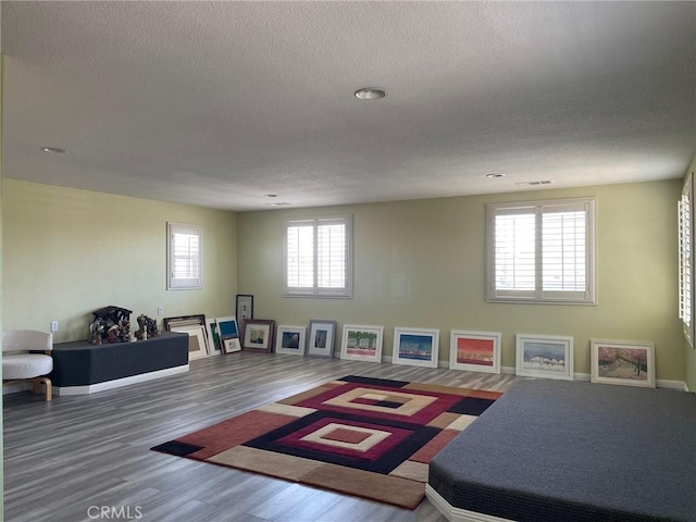 rec room featuring visible vents, baseboards, wood finished floors, and a textured ceiling