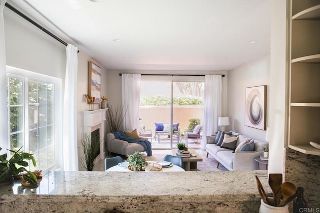 living room featuring a wealth of natural light and a fireplace