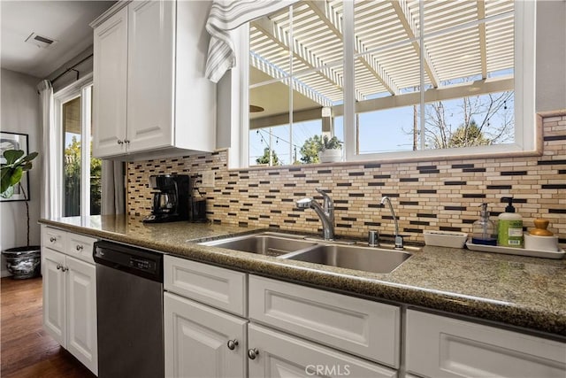 kitchen with dishwasher, backsplash, a sink, and white cabinets