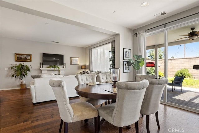 dining space featuring ceiling fan, wood finished floors, visible vents, and recessed lighting