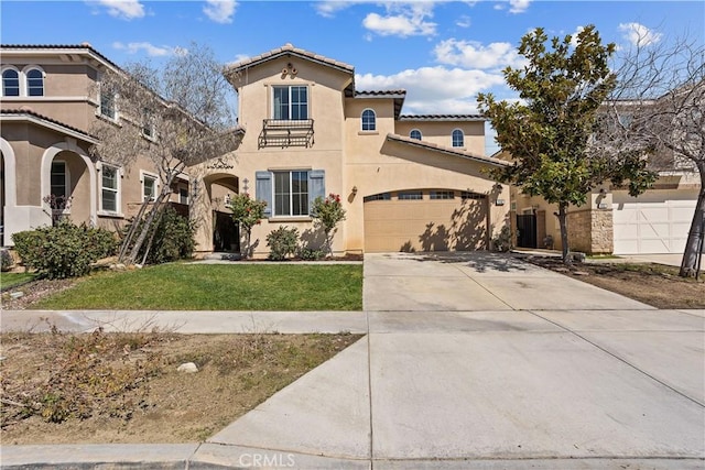 mediterranean / spanish-style house featuring central AC unit, a front lawn, driveway, an attached garage, and stucco siding