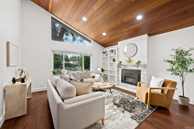 living area featuring a fireplace with flush hearth, recessed lighting, wood finished floors, wood ceiling, and high vaulted ceiling