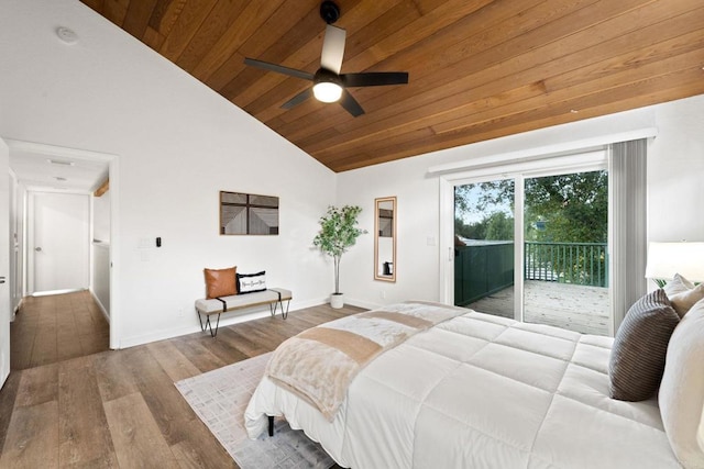 bedroom featuring high vaulted ceiling, wood finished floors, wooden ceiling, baseboards, and access to exterior
