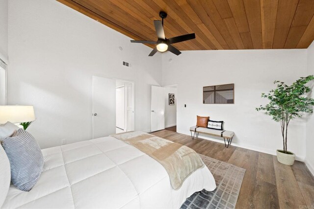 bedroom featuring visible vents, wood finished floors, ceiling fan, wooden ceiling, and high vaulted ceiling