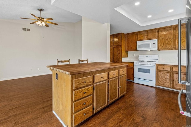688 Via Encantada, Chula Vista, CA 91913 - kitchen featuring white appliances, wood counters, ceiling fan, dark wood-style flooring, and baseboards