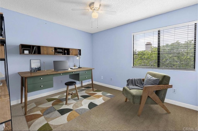 688 Via Encantada, Chula Vista, CA 91913 - carpeted home office with a textured ceiling, a ceiling fan, and baseboards