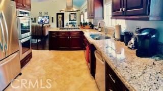 1904 Carnegie Ln Unit 2, Redondo Beach, CA 90278 - kitchen featuring light stone countertops, dishwasher, a sink, freestanding refrigerator, and extractor fan