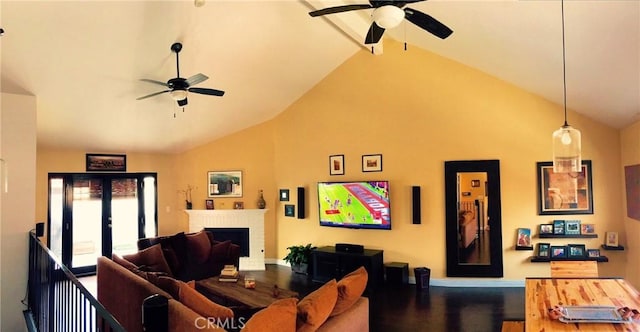 1904 Carnegie Ln Unit 2, Redondo Beach, CA 90278 - living room featuring a brick fireplace, ceiling fan, beamed ceiling, and high vaulted ceiling