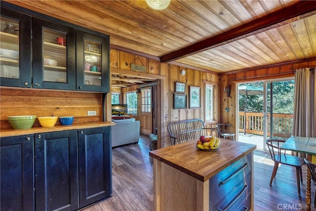 kitchen featuring wood counters, wooden walls, plenty of natural light, and wood ceiling