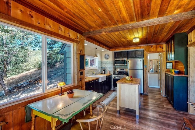 kitchen featuring a center island, wood ceiling, stainless steel appliances, dark wood finished floors, and backsplash