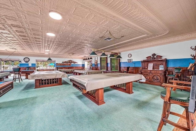 4981 Lamia Way, Oceanside, CA 92056 - game room with billiards table, carpet, wainscoting, and an ornate ceiling
