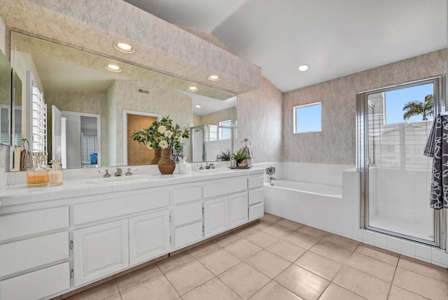 4981 Lamia Way, Oceanside, CA 92056 - bathroom featuring a bath, double vanity, a shower stall, tile patterned flooring, and recessed lighting