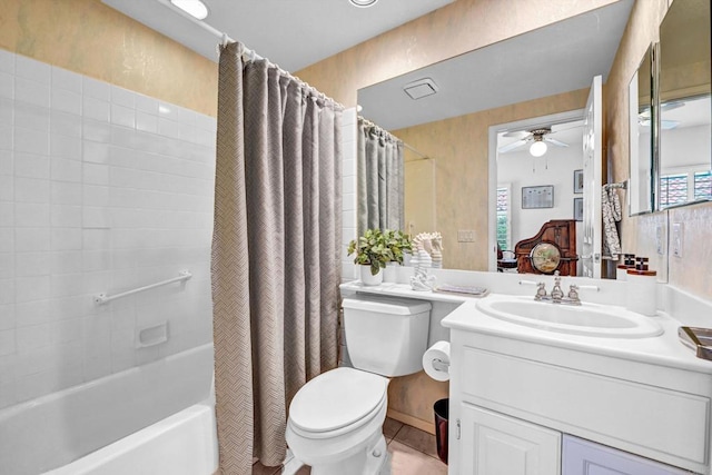 4981 Lamia Way, Oceanside, CA 92056 - bathroom featuring a ceiling fan, vanity, shower / bathtub combination with curtain, and connected bathroom