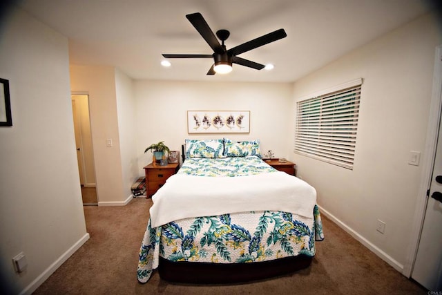 carpeted bedroom featuring recessed lighting, a ceiling fan, and baseboards