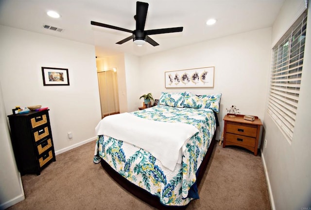 bedroom featuring ceiling fan, carpet floors, baseboards, visible vents, and recessed lighting