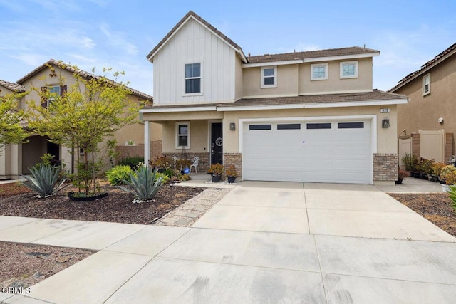 view of front of property featuring concrete driveway, fence, a porch, a garage, and stucco siding
