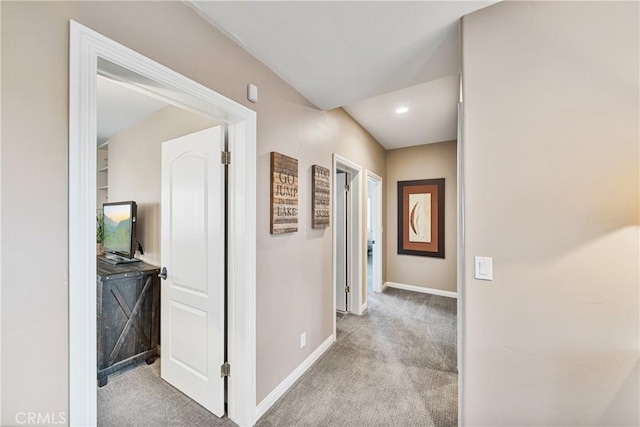 28136 N Bay Rd, Lake Arrowhead, CA 92352 - hallway featuring carpet flooring, baseboards, and recessed lighting