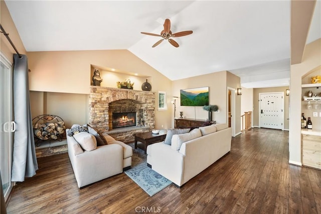 28136 N Bay Rd, Lake Arrowhead, CA 92352 - living area featuring ceiling fan, lofted ceiling, dark wood-style floors, and a fireplace