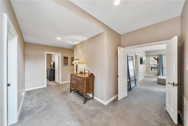 28136 N Bay Rd, Lake Arrowhead, CA 92352 - hallway featuring baseboards, carpet floors, and recessed lighting