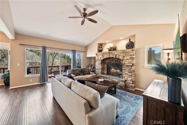 28136 N Bay Rd, Lake Arrowhead, CA 92352 - living room with ceiling fan, lofted ceiling, a fireplace, dark wood-type flooring, and baseboards