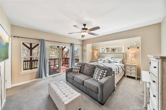 28136 N Bay Rd, Lake Arrowhead, CA 92352 - bedroom with access to exterior, light colored carpet, ceiling fan, and baseboards