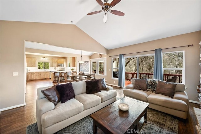 28136 N Bay Rd, Lake Arrowhead, CA 92352 - living room with lofted ceiling, a ceiling fan, baseboards, plenty of natural light, and dark wood finished floors