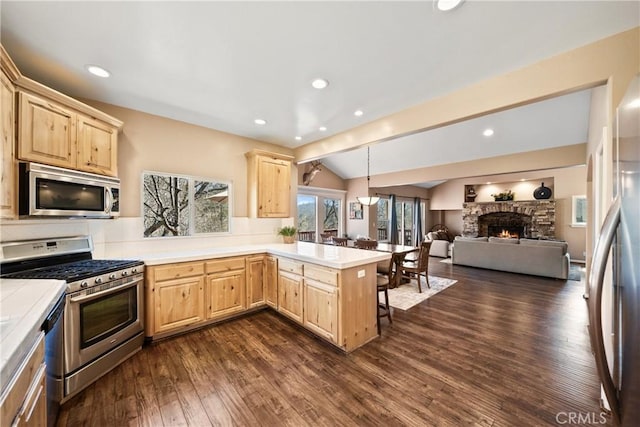 28136 N Bay Rd, Lake Arrowhead, CA 92352 - kitchen featuring stainless steel appliances, light brown cabinets, light countertops, lofted ceiling, and recessed lighting