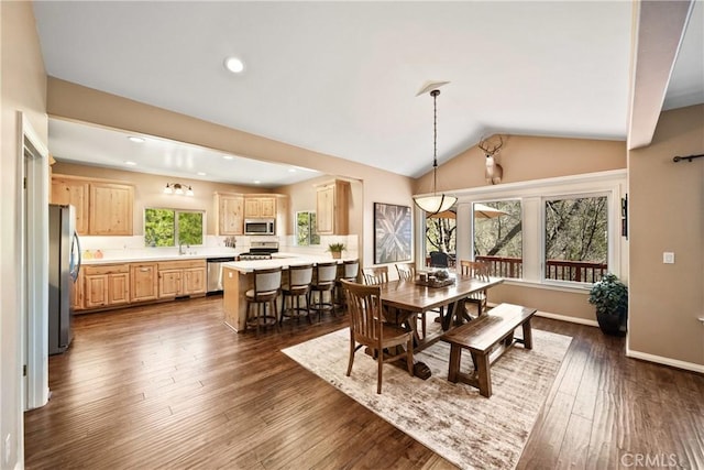 28136 N Bay Rd, Lake Arrowhead, CA 92352 - dining area with vaulted ceiling, dark wood-style floors, recessed lighting, and baseboards