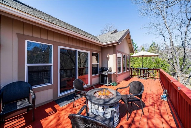 28136 N Bay Rd, Lake Arrowhead, CA 92352 - deck featuring a fire pit, grilling area, and outdoor dining space
