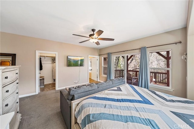 28136 N Bay Rd, Lake Arrowhead, CA 92352 - bedroom with access to outside, baseboards, carpet flooring, a spacious closet, and a ceiling fan