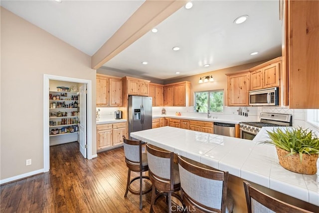 28136 N Bay Rd, Lake Arrowhead, CA 92352 - kitchen with stainless steel appliances, dark wood-style flooring, a sink, tasteful backsplash, and a peninsula