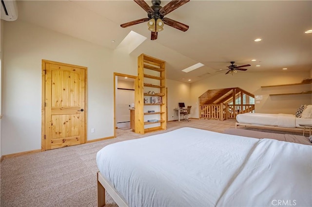 bedroom with recessed lighting, a wall unit AC, light carpet, baseboards, and lofted ceiling