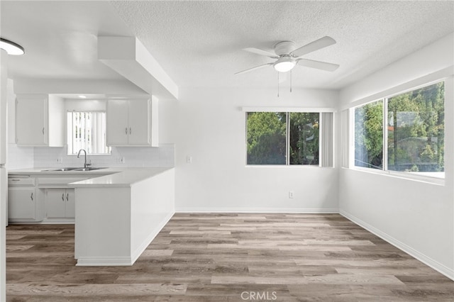 1729 S Alma St, San Pedro, CA 90731 - kitchen featuring a ceiling fan, white cabinets, light countertops, decorative backsplash, and wood finished floors