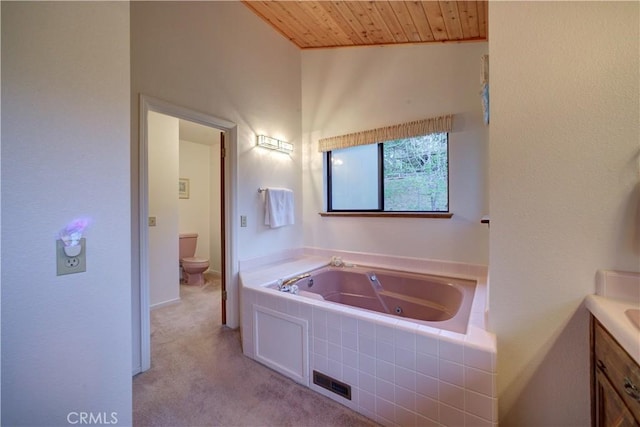 full bathroom with vanity, toilet, wood ceiling, and a tub with jets