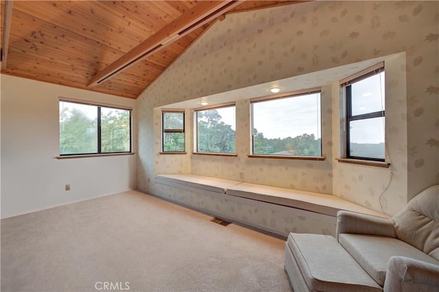 living area featuring high vaulted ceiling, wallpapered walls, wood ceiling, carpet, and beam ceiling