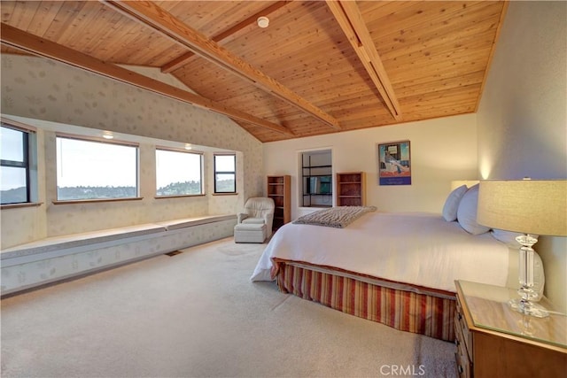 carpeted bedroom with lofted ceiling with beams, wallpapered walls, and wooden ceiling