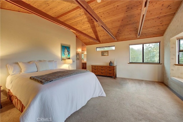 bedroom featuring carpet, vaulted ceiling with beams, and wood ceiling