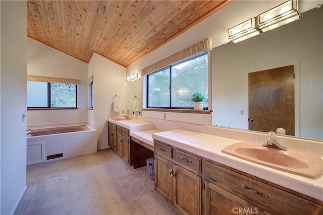 bathroom featuring vaulted ceiling, a garden tub, vanity, wood ceiling, and visible vents